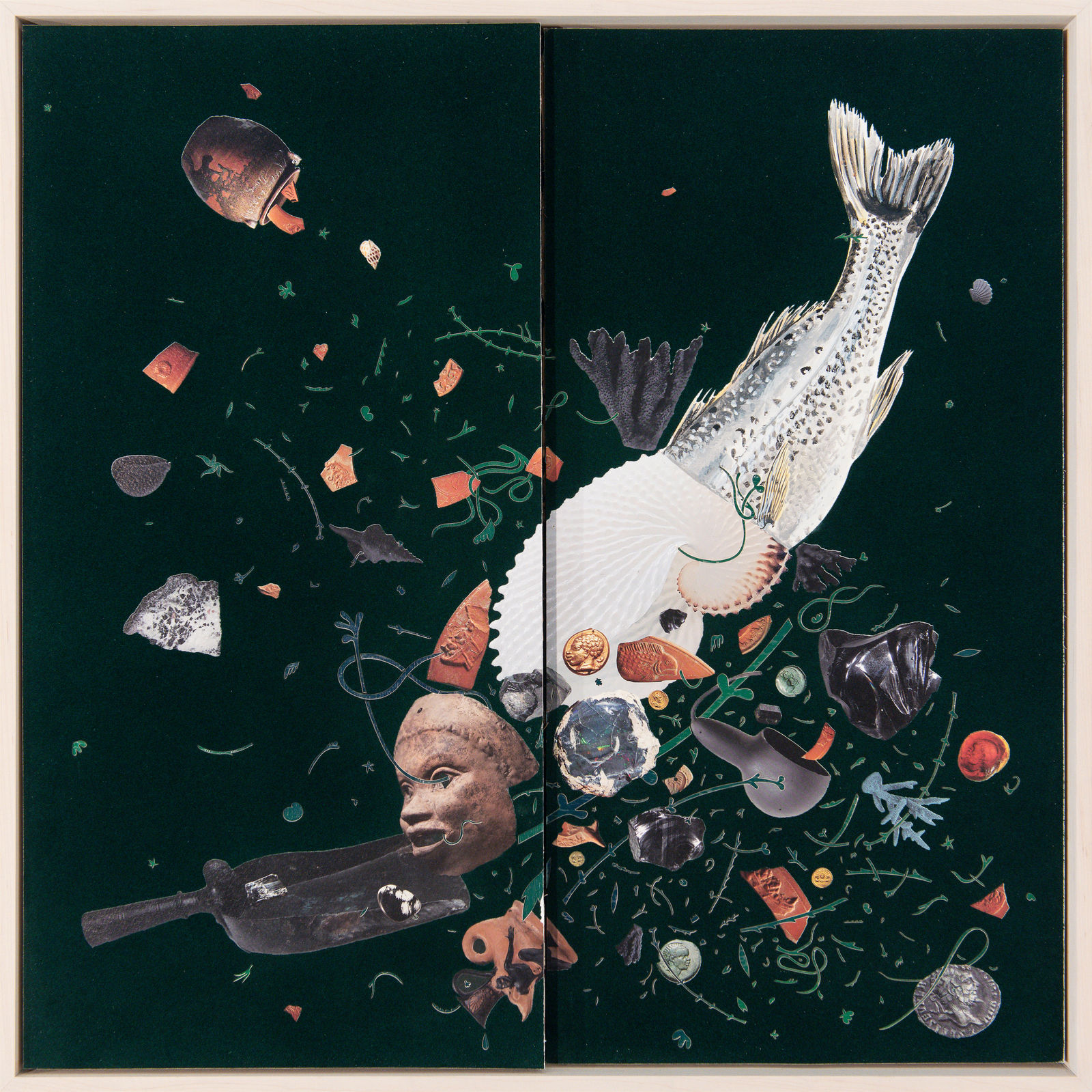 Dark green painting with mask, fish, drinking gourds, and ceramic shards