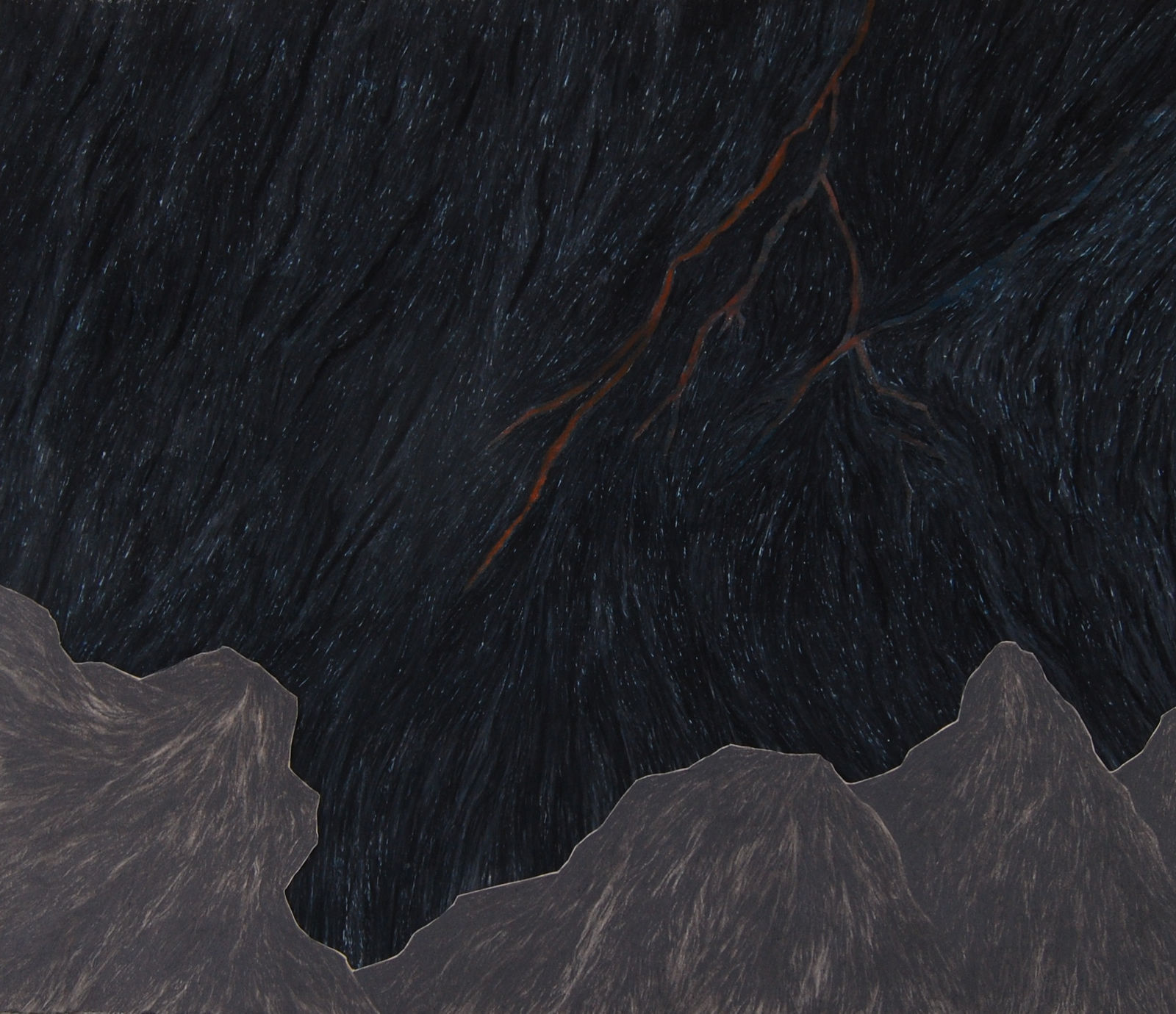 Colored drawing, dark black-blue sky, graphite mountain range along lower quandrant