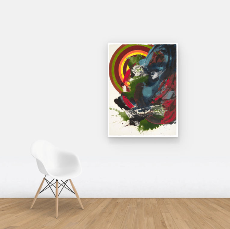 Multicolored abstract painting on paper with washes, stripes, and globs on a wall