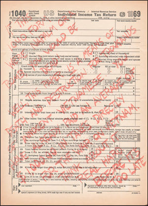 Altered 1969 Individual Income Tax Return form over printed in red ink: 