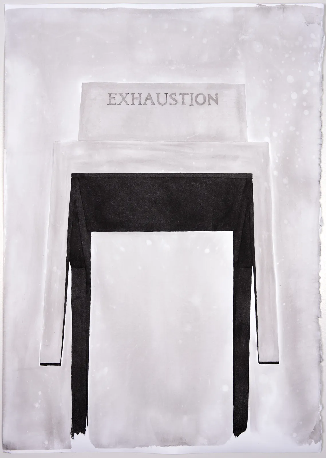 Ink drawing of simple wooden chair with 'Exhaustion' inscribed on the seat back