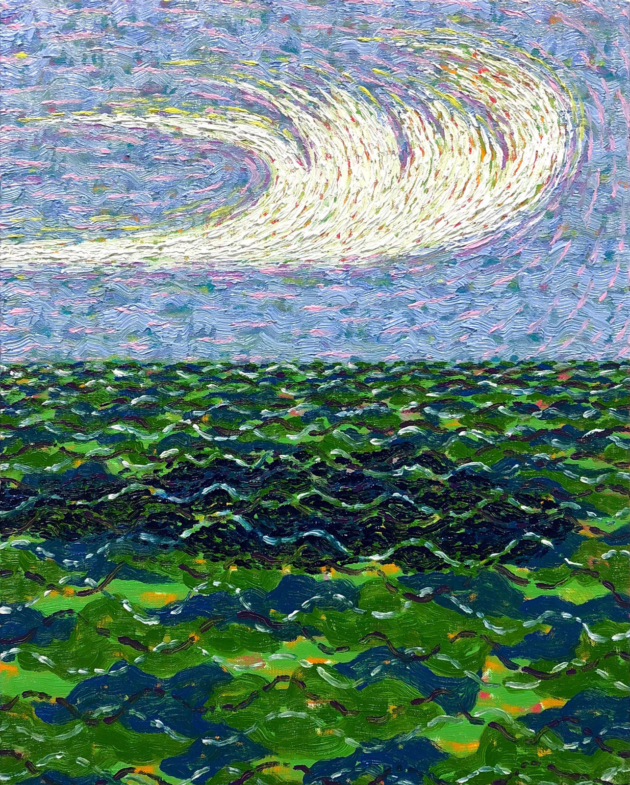 Painting of choppy green water with white cirrus cloud overhead