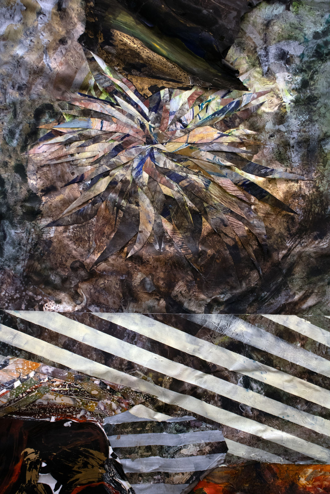 Detail of irregular rectangle with abstract painting featuring layers of blue, green, and blue 3D elements