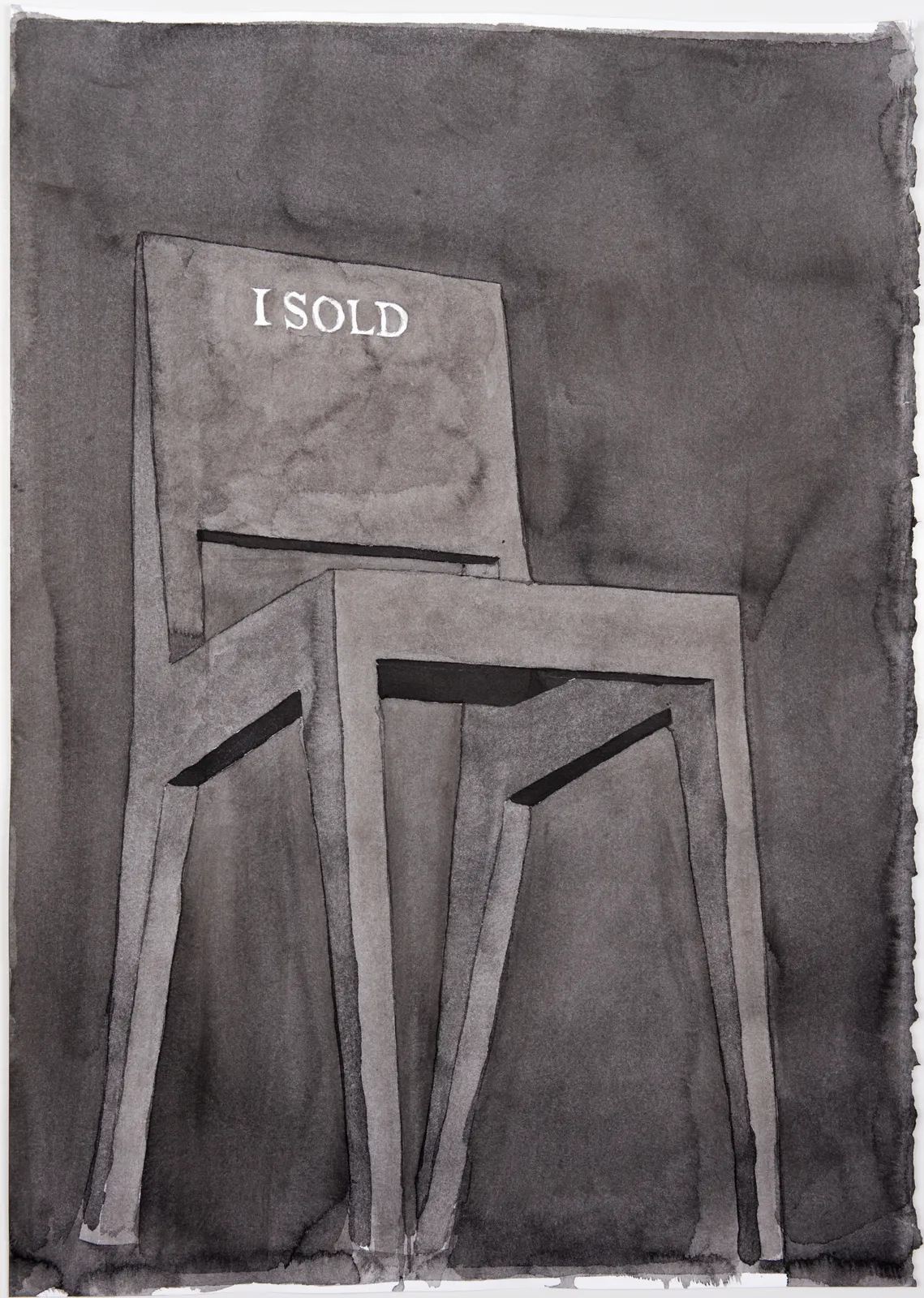 Ink drawing of simple wooden chair with 'I Sold' inscribed on the seat back