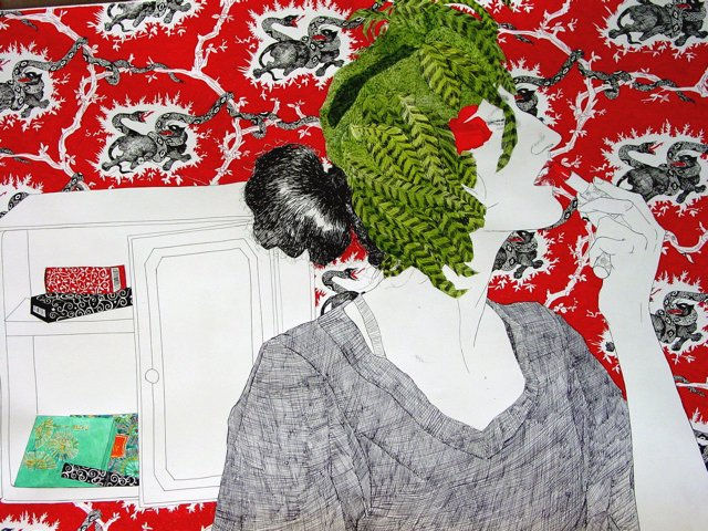 Portrait of a woman in a t shirt applying lipstick