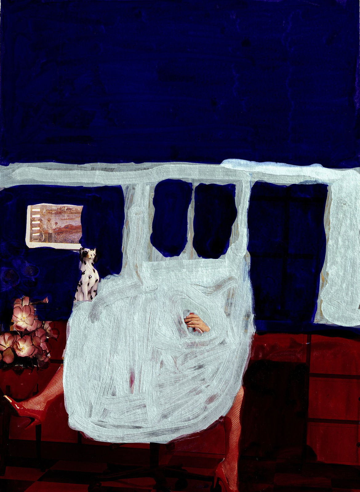 Pornographic magazine page overlaid with dark painted ground and figure inked in white