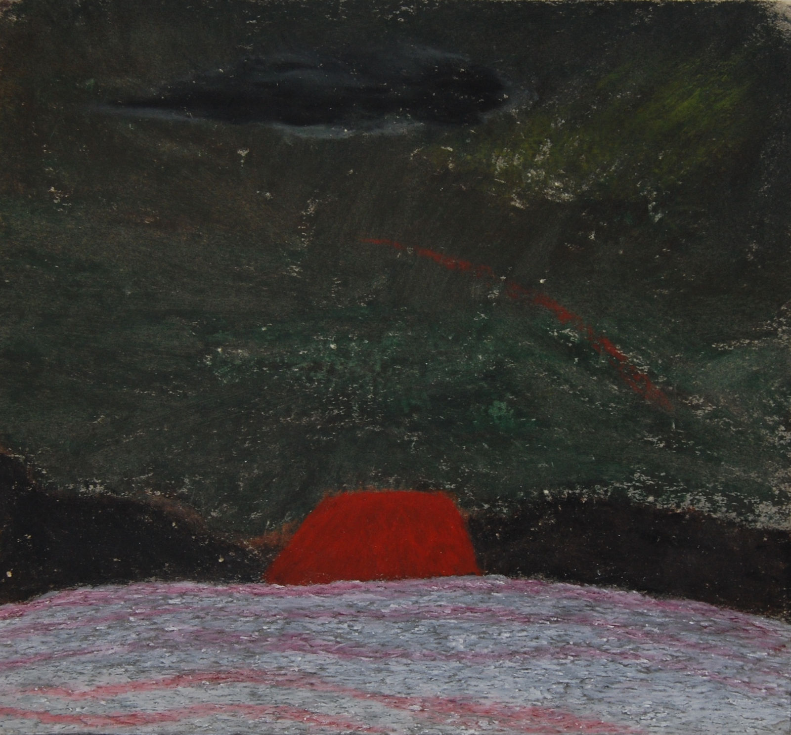 Landscape depicting a grey field with mountains behind, dark sky, and large red sun beginning to peek out of mountains