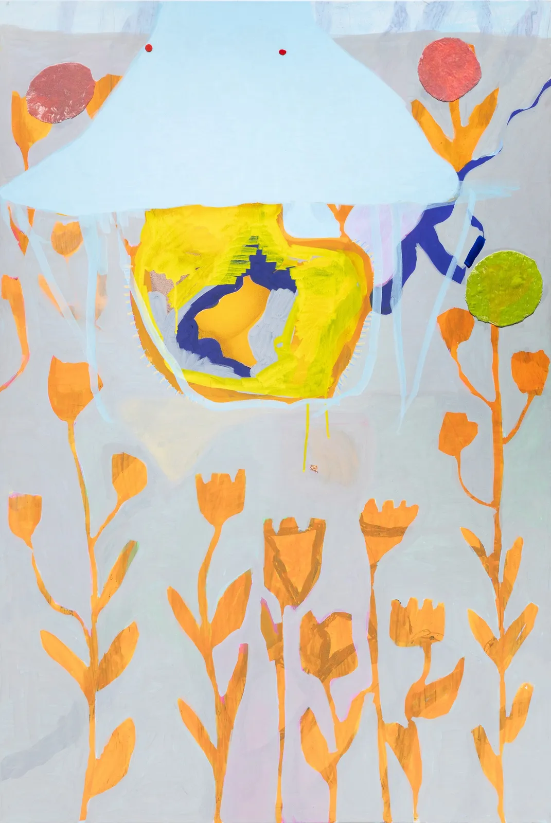 Painting with orange tulips at the bottom register and a blue hat like shape at the top