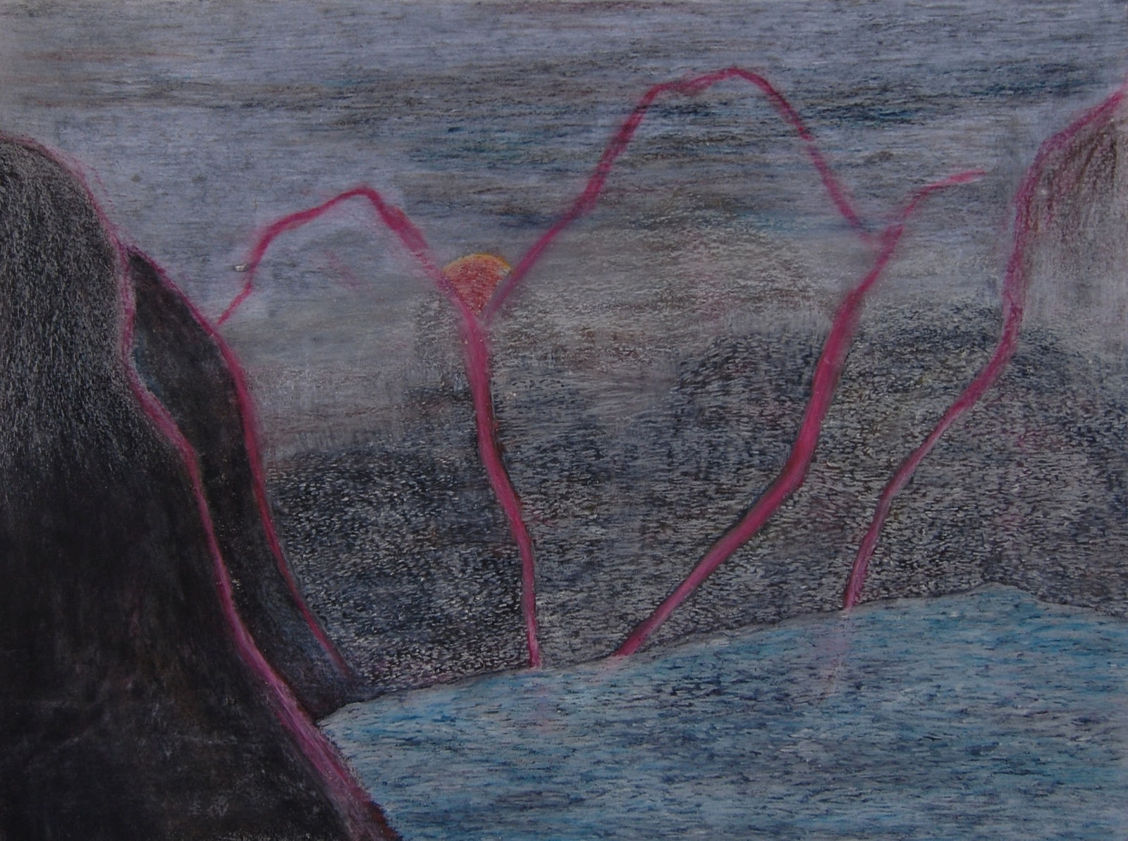 Colored drawing, blue-black landscape overlaid with reddish brown line drawing of a mountain range