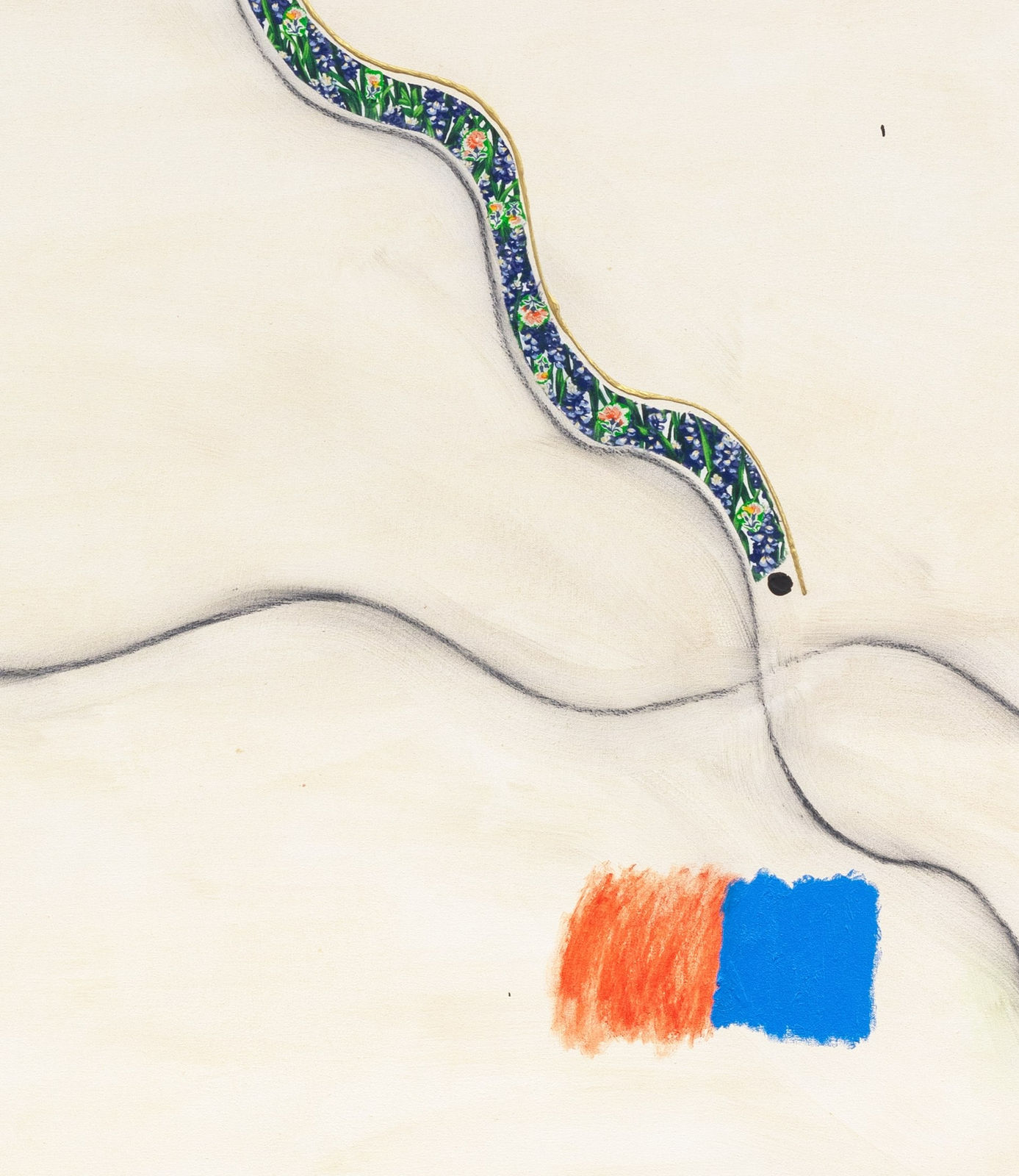 Detail image of an off white trapezoidal canvas with wavy gray lines at the top and bottom third of the composition, a wavy line going from the top left to the bottom right of the canvas- thick, green, and snakelike in between the two horizontal wavy lines- and thin multi colored lines and dashes around the frame