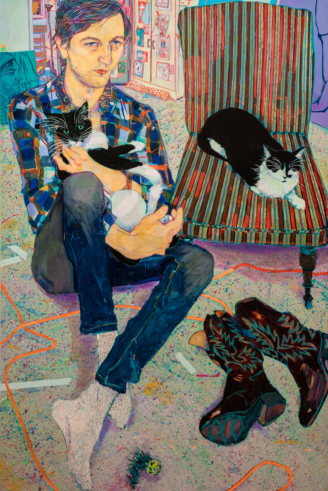 Painting of man with neatly combed hair wearing checked shirt nad jeans, sitting on floor holding cat, cowboy boots lying next to man