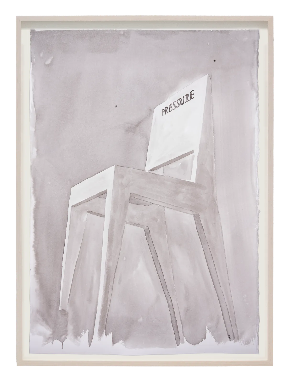 Framed ink drawing of simple wooden chair with 'Pressure' inscribed on the seat back