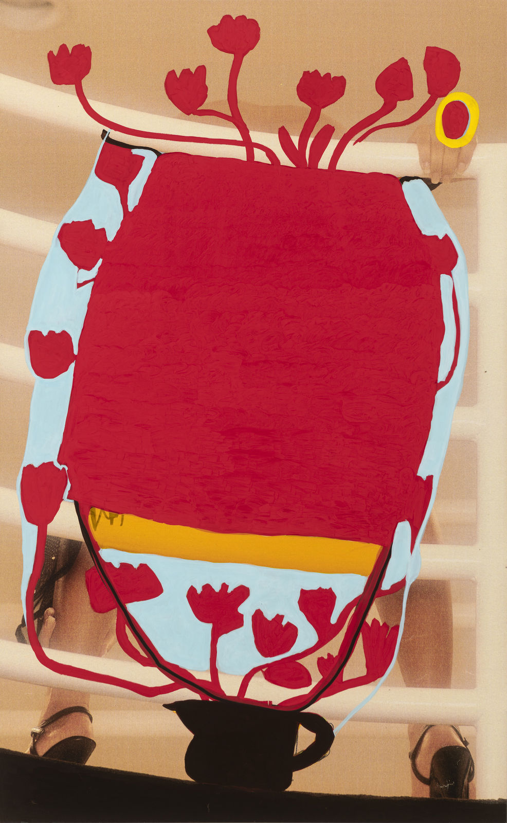 Painting of a vase of tulips obscuring a photograph