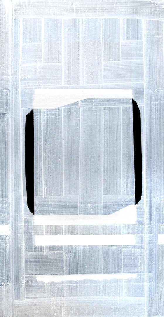 Abstract painting with geometric design in colors of blue, white, and black