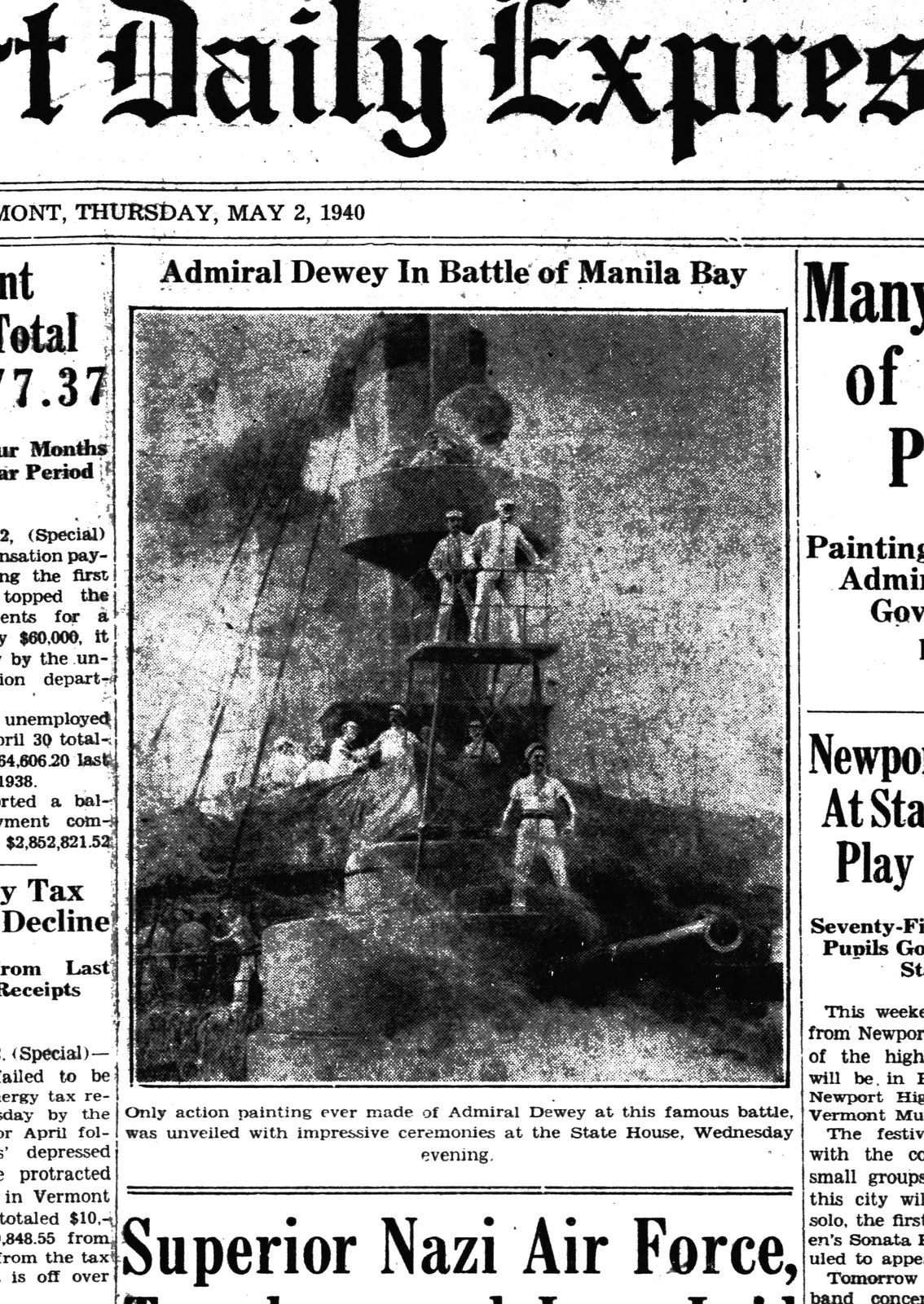 Section of the Newport Daily Express with a black and white reproduction of Admiral Dewey in Battle of Manilla Bay