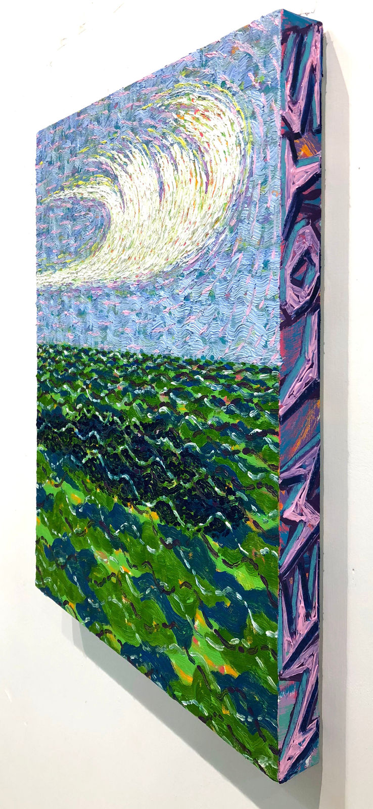 Painting of choppy green water with white cirrus cloud overhead