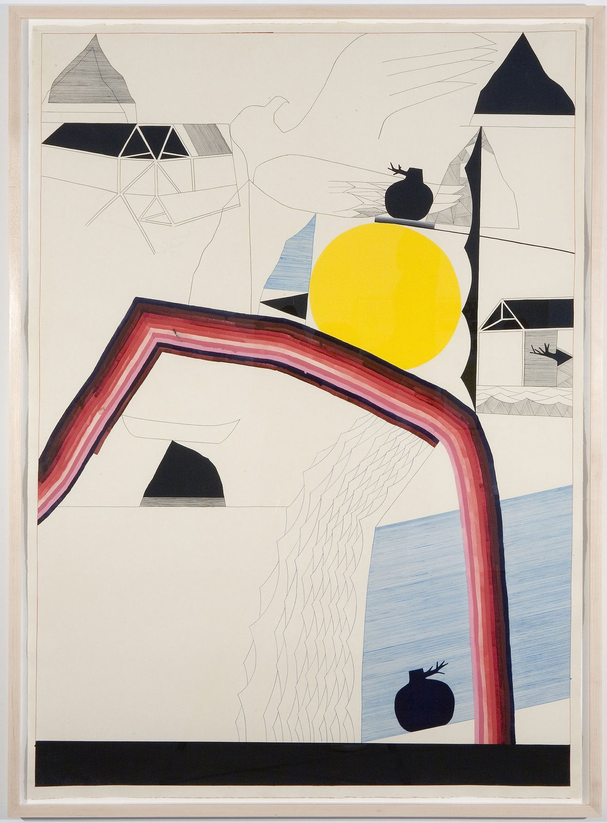 Colored line drawing of a variety of elements including several pyramid and pot shapes, a sun, and red rainbow