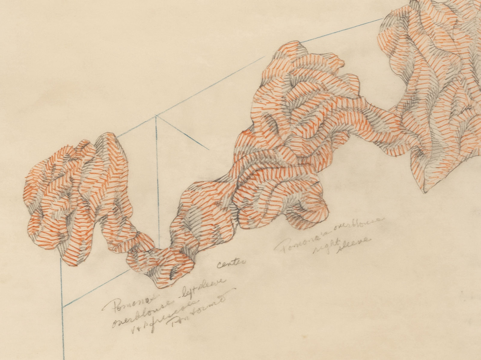 Detail view of Abstract red marker drawing on vellum paper