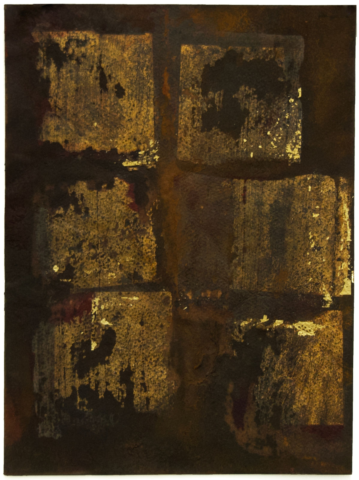 Work on paper with a composition filled with 6 square shapes rendered in gold set against a reddish brown background