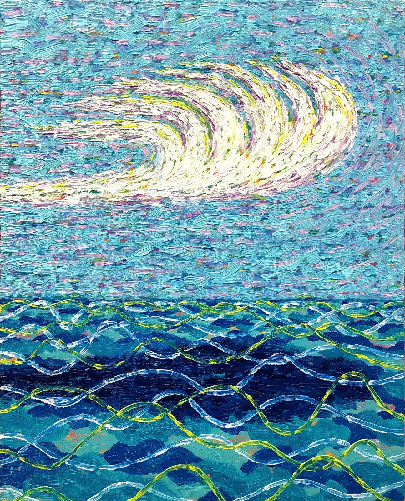 Painting of choppy blue water with white cirrus cloud overhead