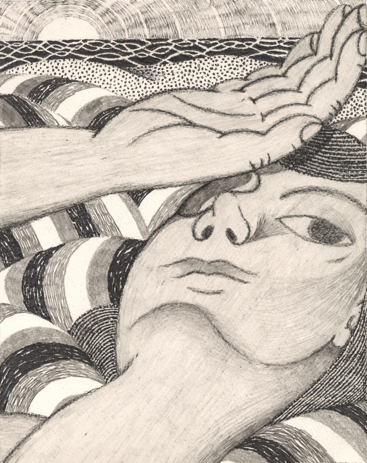 A woman shields her face from sunlight