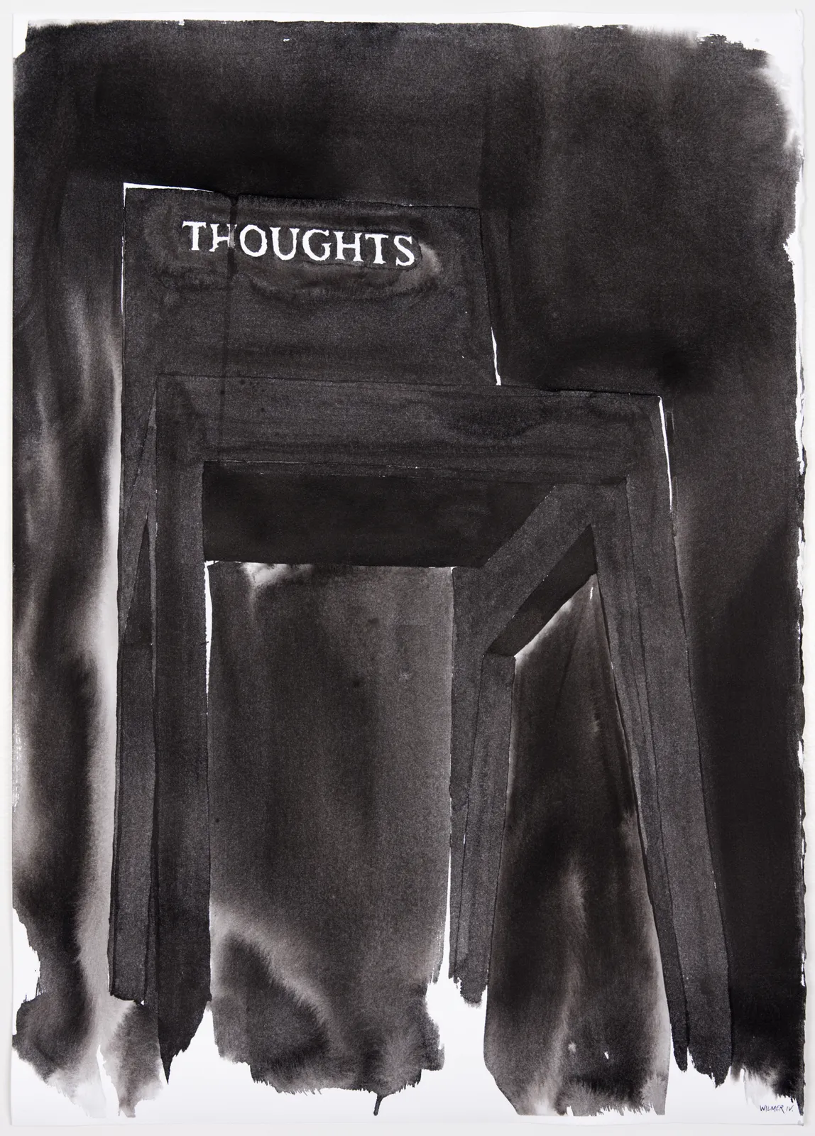 Ink drawing of simple wooden chair with 'Thoughts' inscribed on the seat back