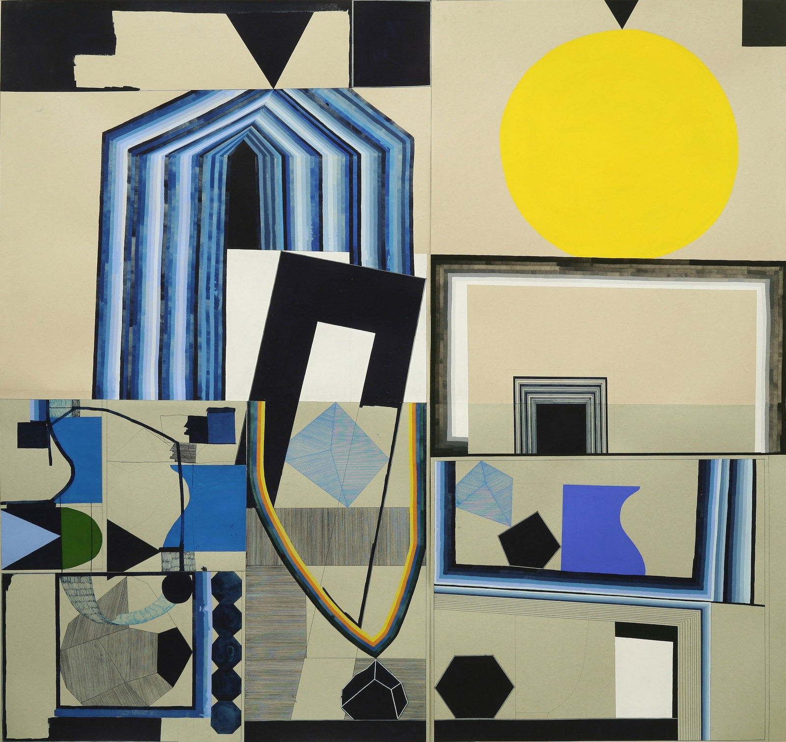 Colored line drawing of a variety of elements including a yellow circle, and blue striped cabana