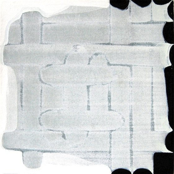 Abstract painting with geometric design in colors of black, grey, and white