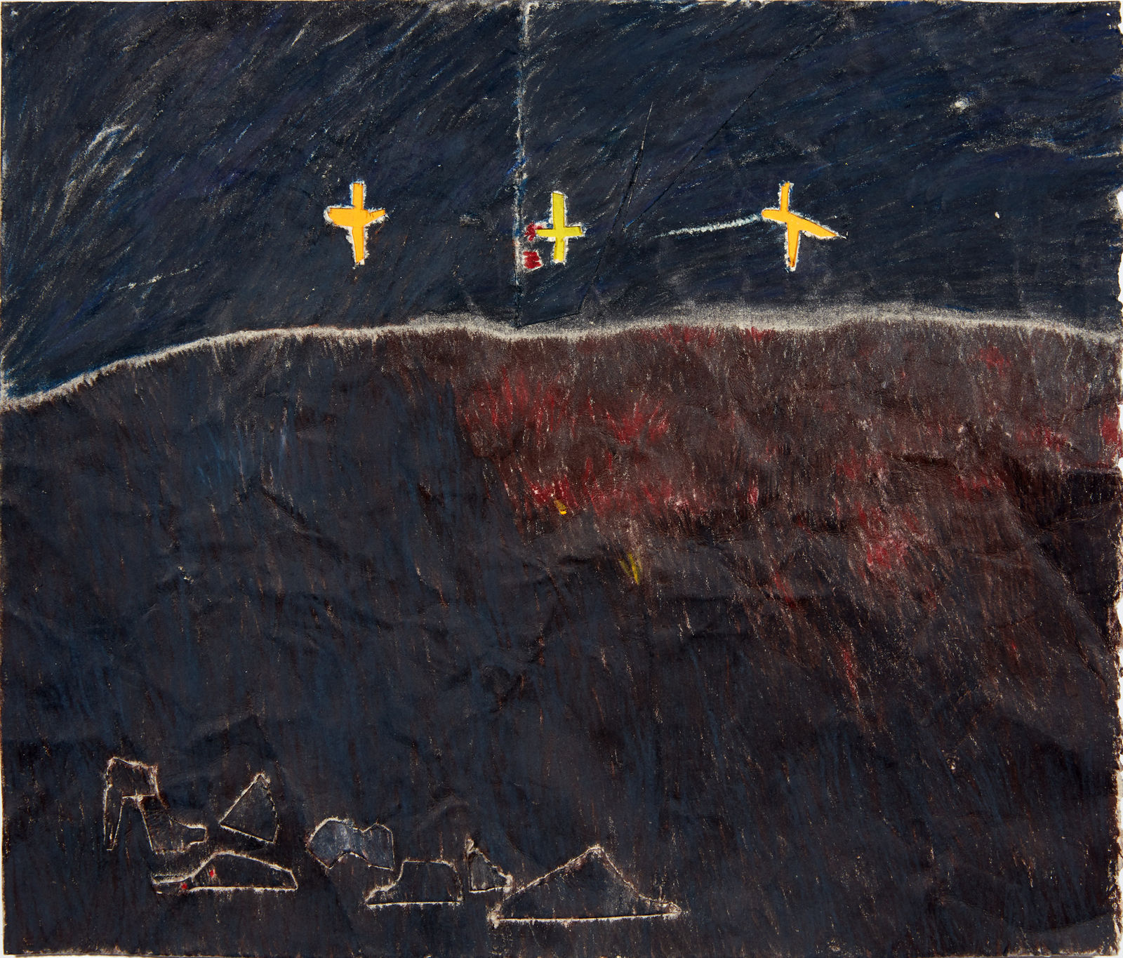 A dark landscape with three crosses