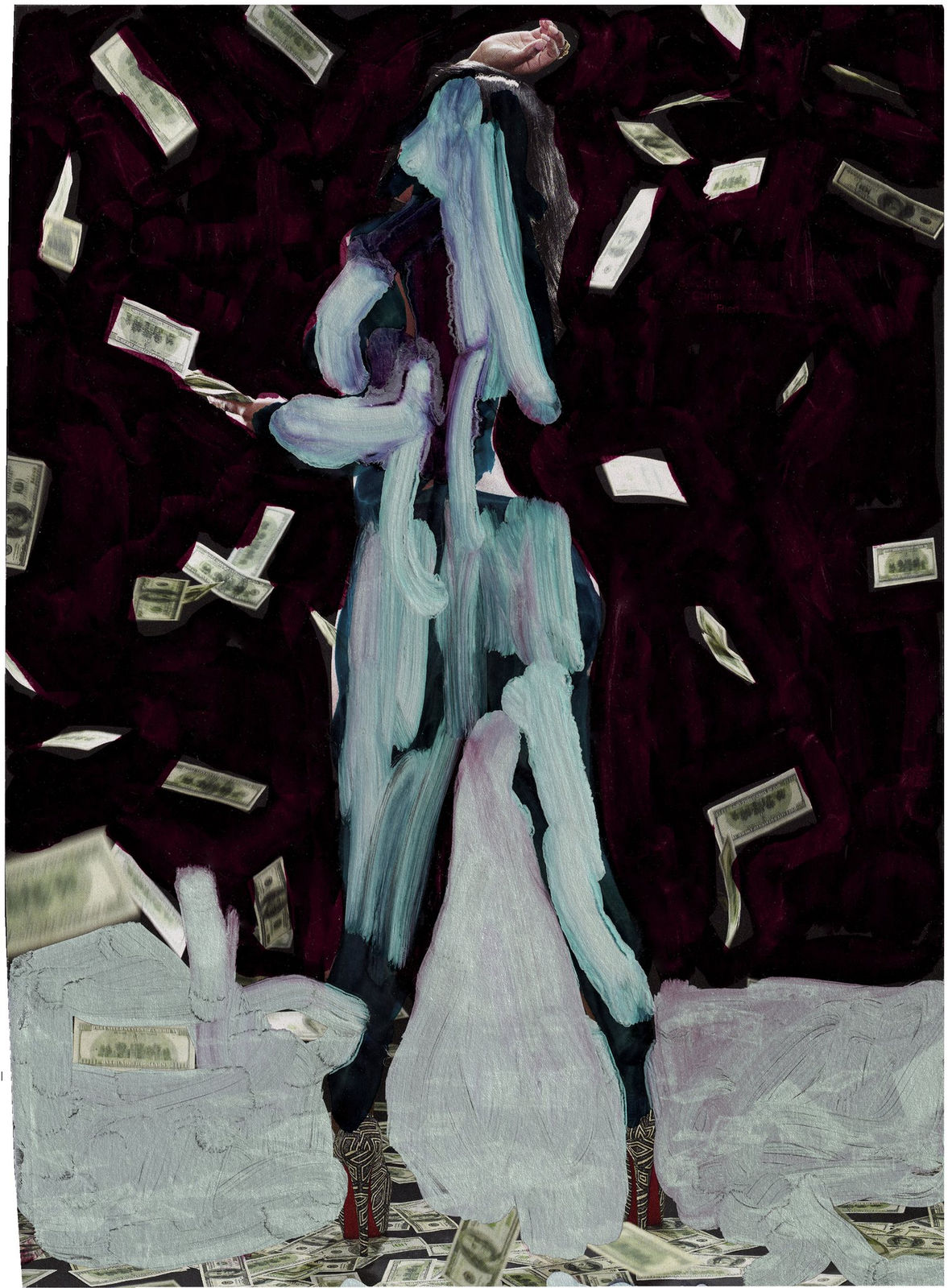 Pornographic magazine page overlaid with painted black ground and figure inked in turquoise