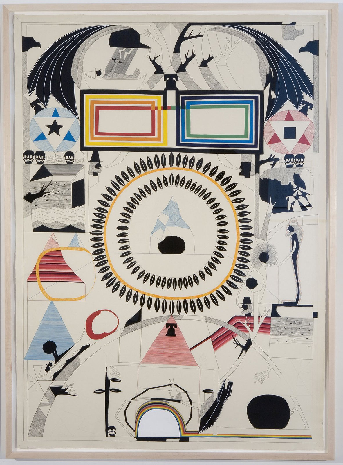 Colored line drawing of a variety of elements including a sun, one yellow and one blue rectangle, and several pyramid shapes