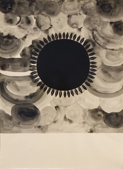 Black and white ink drawing of the sun with clouds