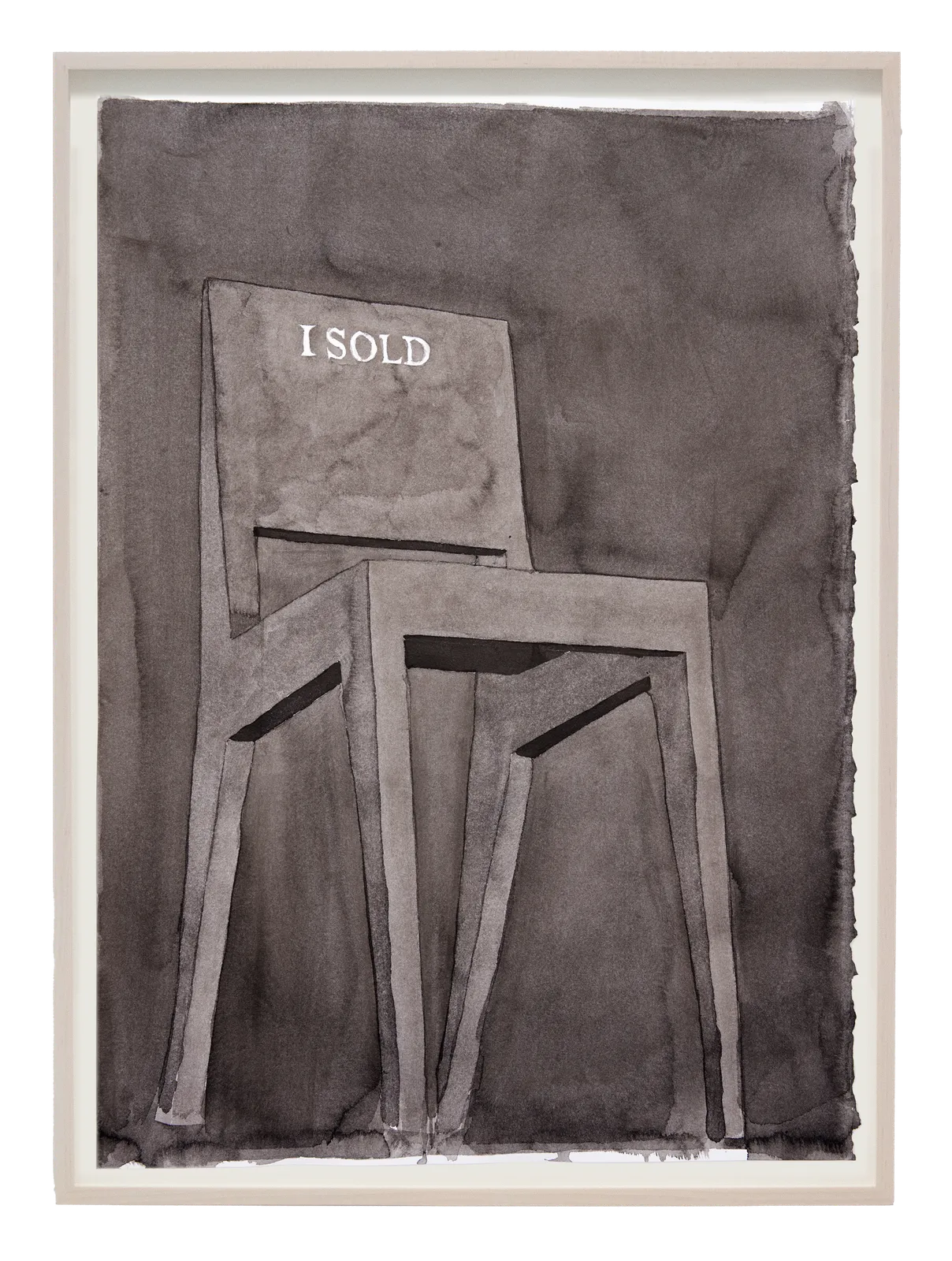 Framed ink drawing of simple wooden chair with 'I Sold' inscribed on the seat back