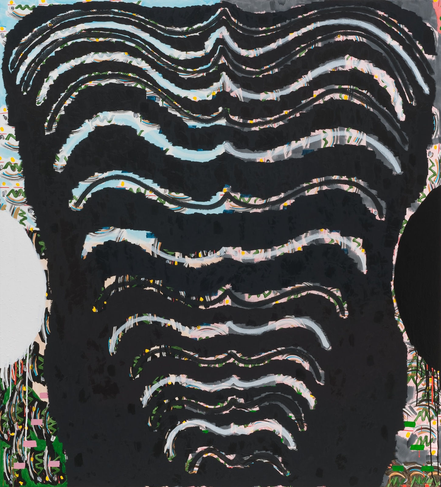 Abstract painting with large wavy lines on a dark ground