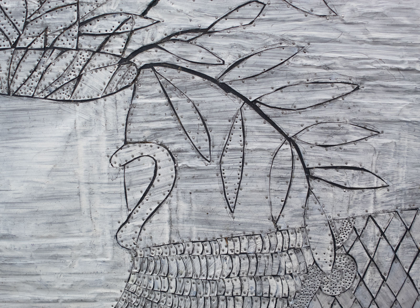 Detail view of potted plant made of white metal strips on white metal background