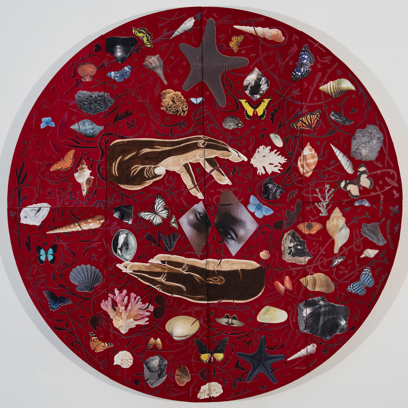 Red tondo with hands, eyes, butterflies, and seashells