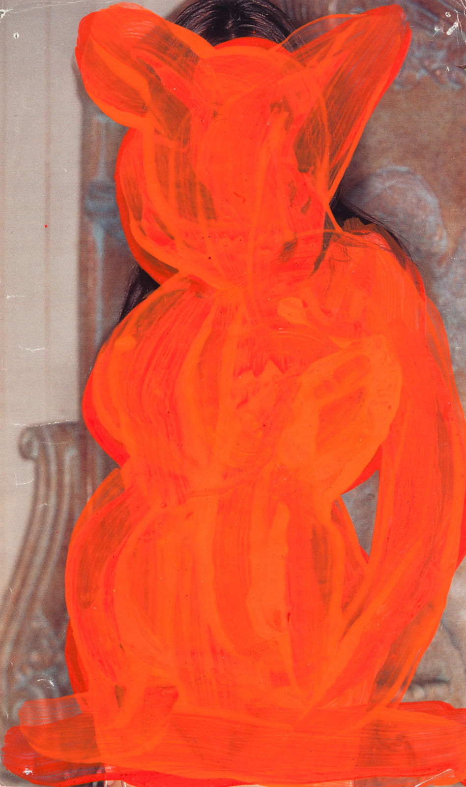 Pornographic magazine page overlaid with painted silver ground and figure inked in orange