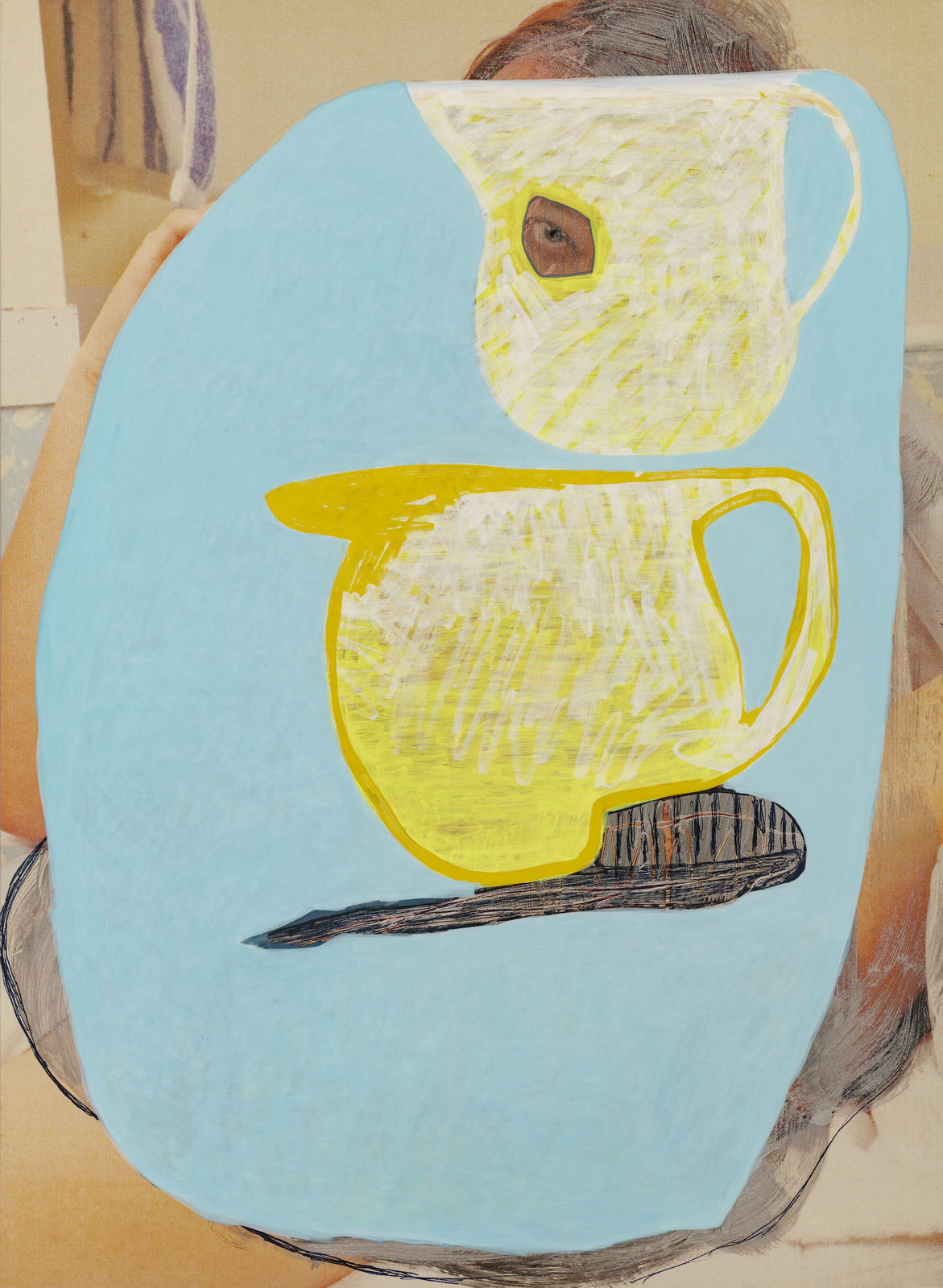 Blue and yellow painting depicts two pitchers and a toothbrush