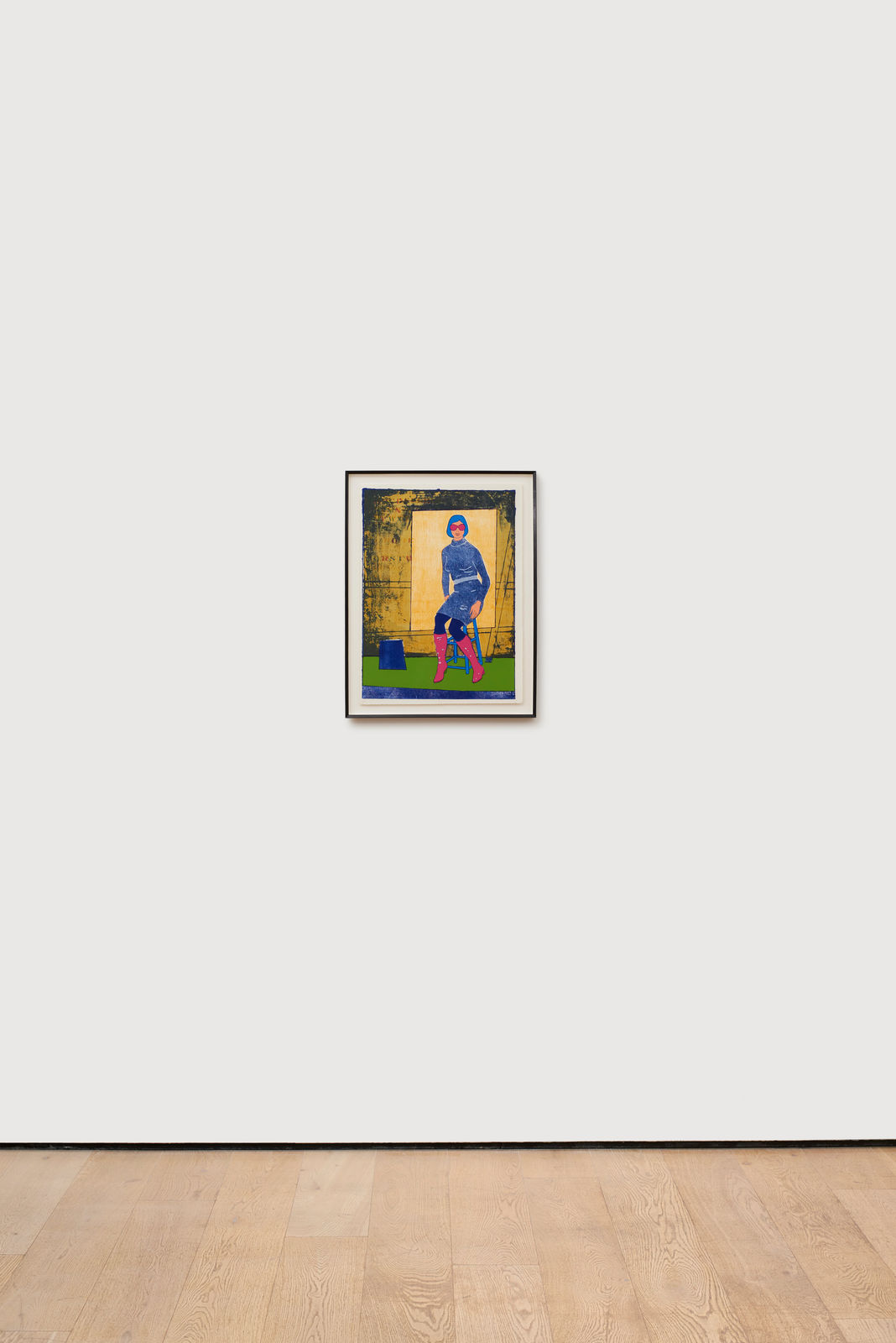 Multi colored print of woman on stool