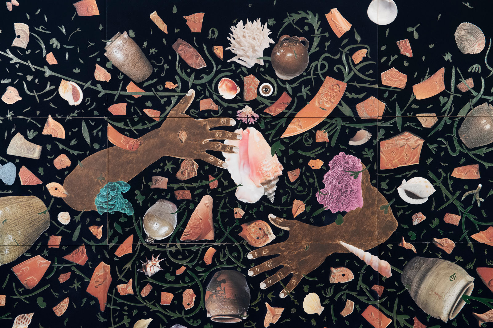 Velvet painting depicting a storm of clay shards, disembodied body in the center, coral, grass, and mythological motifs