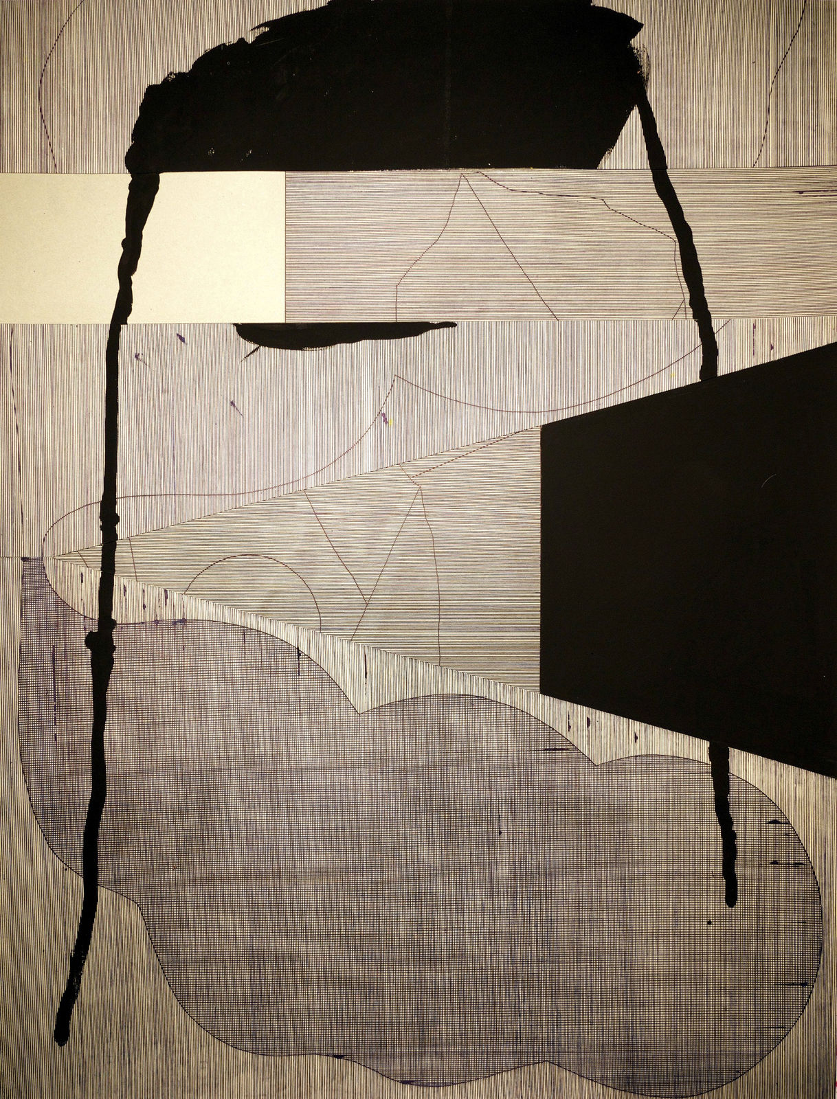 Collage of various shapes cut from paper detailed with thin black horizontal and vertical stripes