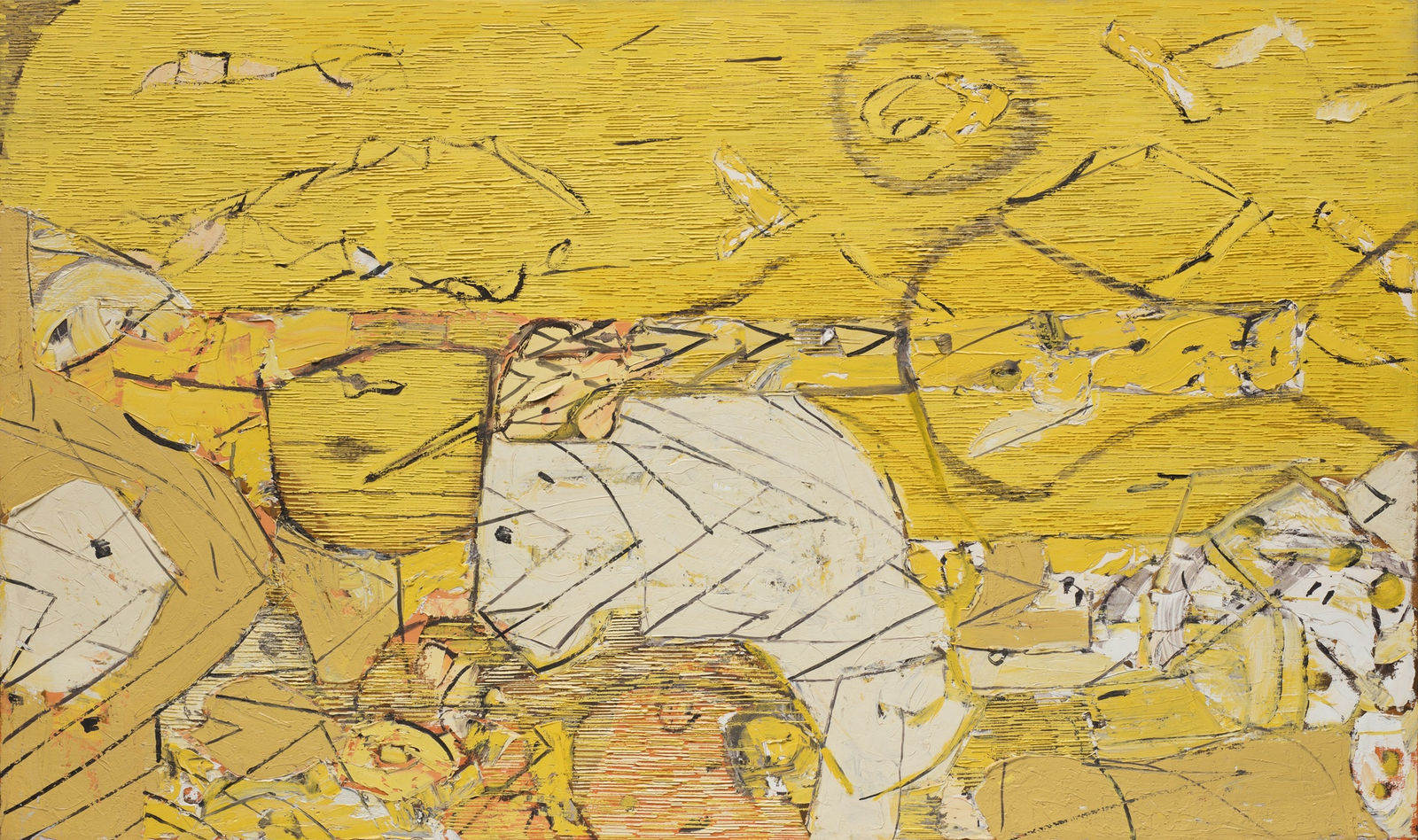 A yellow composition with abstracted mammal-like shapes moving towards the left