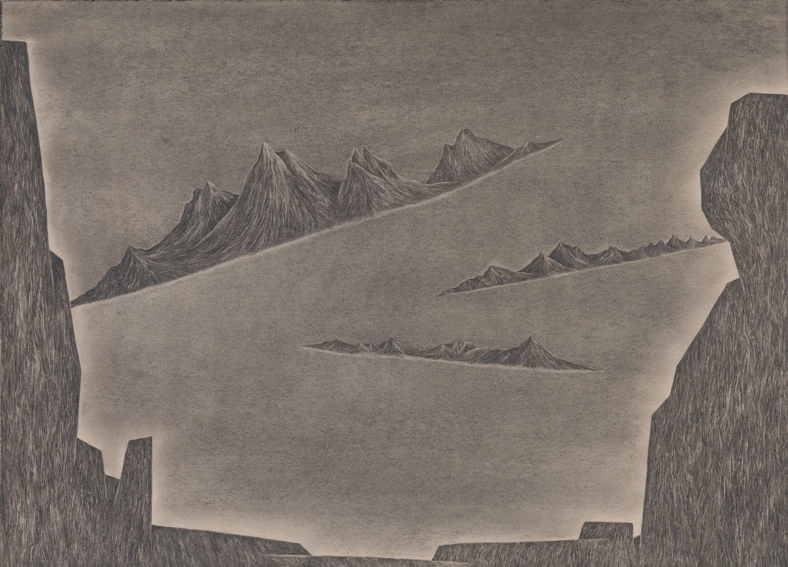 Mountain scene with three floating mountain ranges