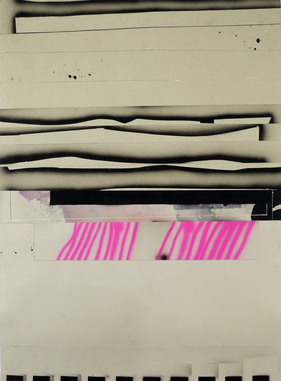 Painting with horizontal black lines through center of panel with pink vertical lines extending from lowest line