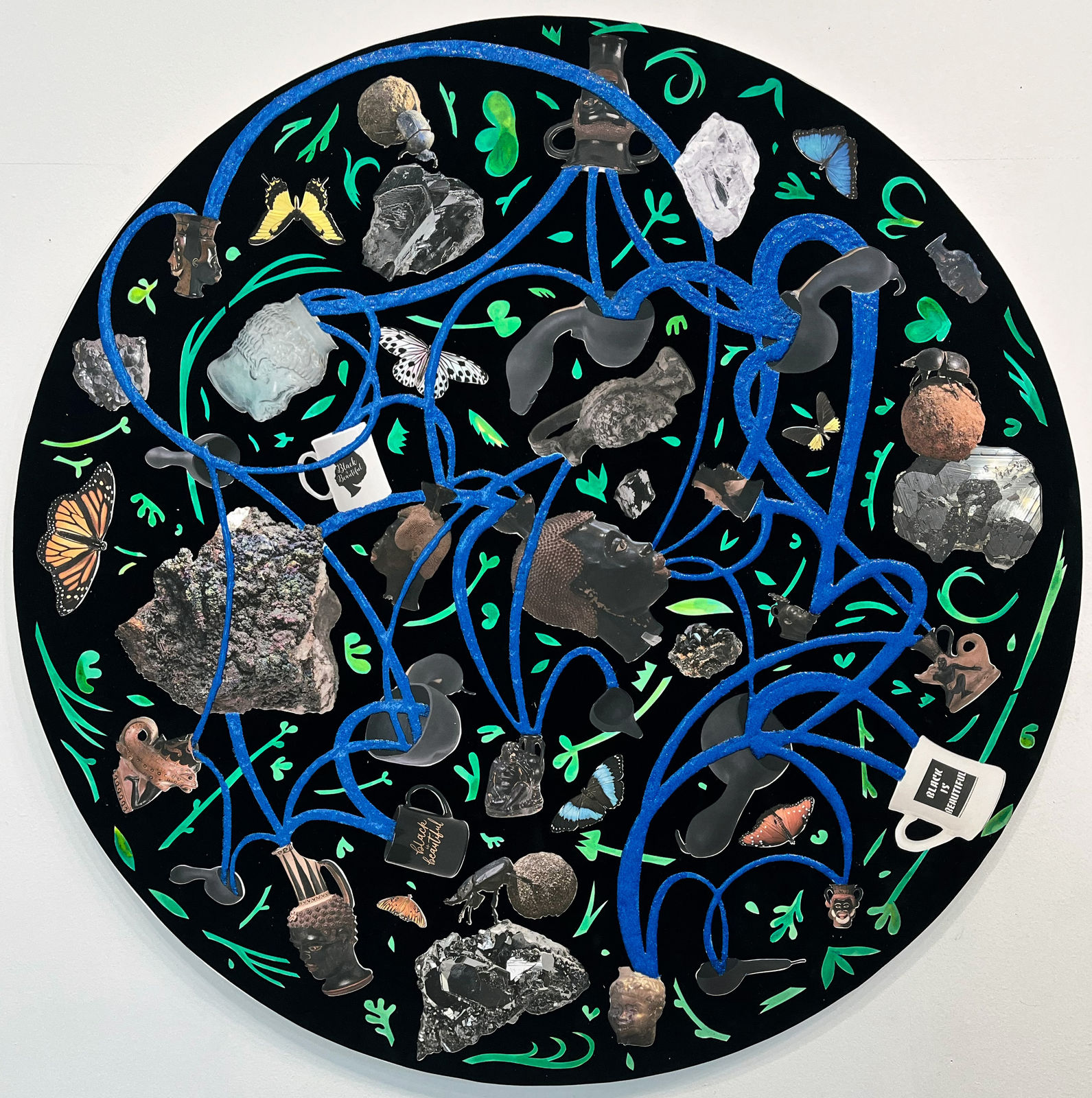 Tondo with a blast of shards artifacts and water on velvet