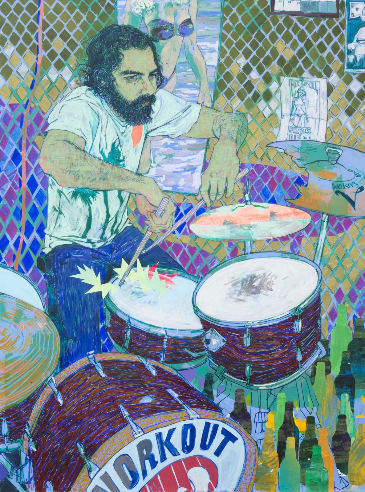 Painting of man with black hair and beard, wearing graphic t-shirt and jeans, playing drums, room papered with diamond patterned wall paper, drum kittsurrounded by empty bottles