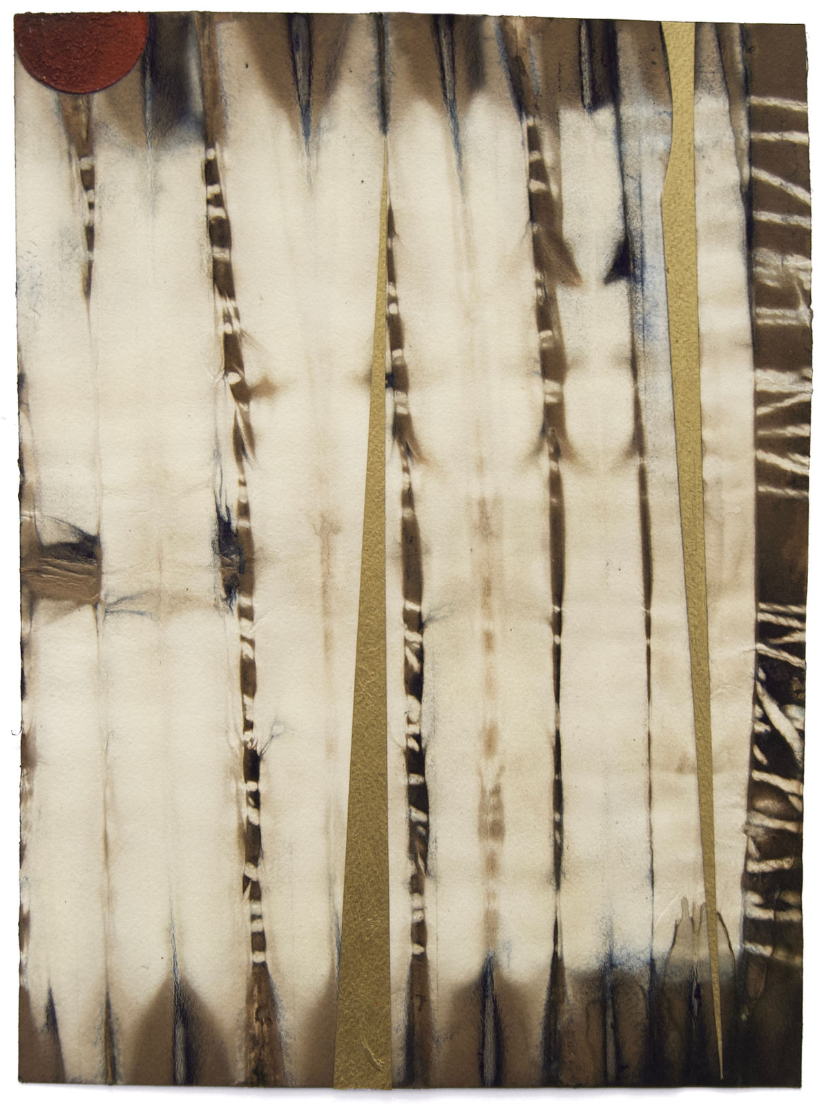 Abstract work on paper with dark brown and yellow vertical lines and light background