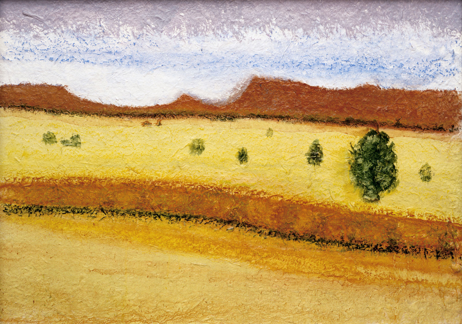 Painting of brown mountain formations behind an arid golden desert