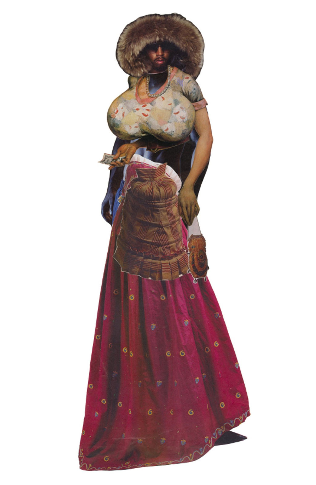 A collage figure made from fashion magazines, hip-hop celebrity magazines and anthropological publications