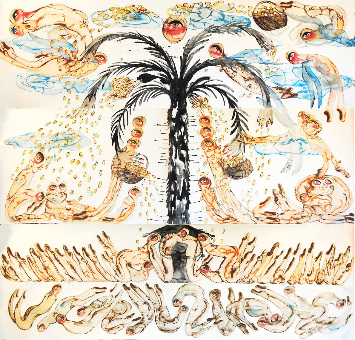 Alymamah Rashed I have fixed your roots in the soils of my earth to reach you 7 skies (for I am near your heart), 2024 Watercolour, dry pastels, and gold leaf on paper (3 PANELS) 354 x 300 cm 139 3/8 x 118 1/8 in (C01373, C01374 & C01375)